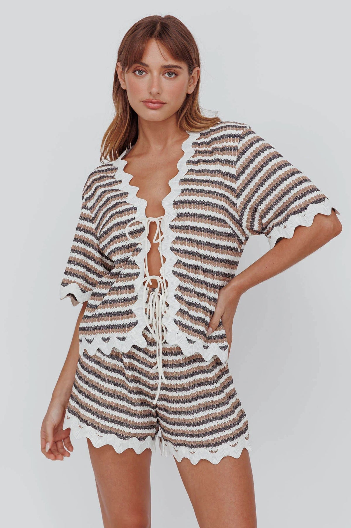 Breakaway Tie Front Shirt Stripe Mocha