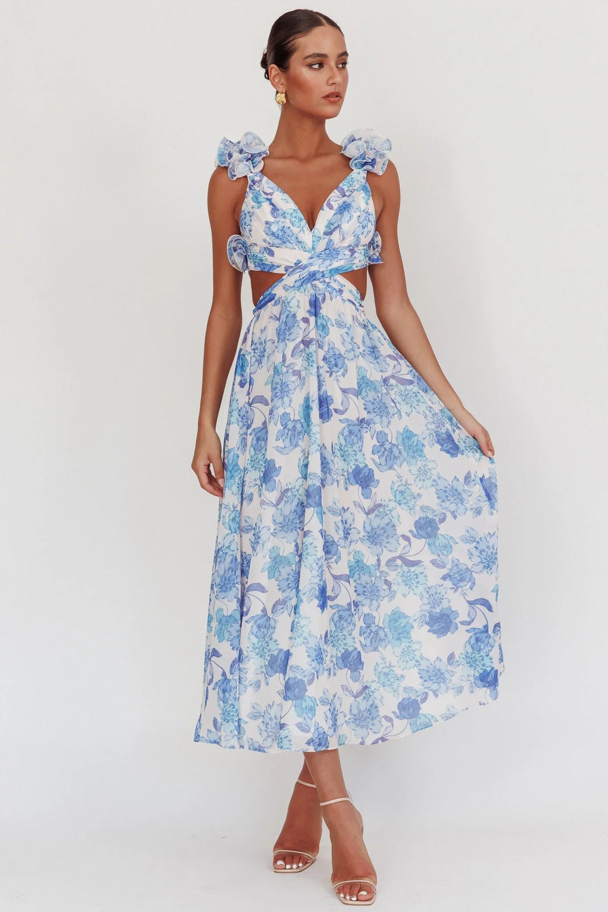 Madara Lace-Up Back Maxi Dress Floral Blue