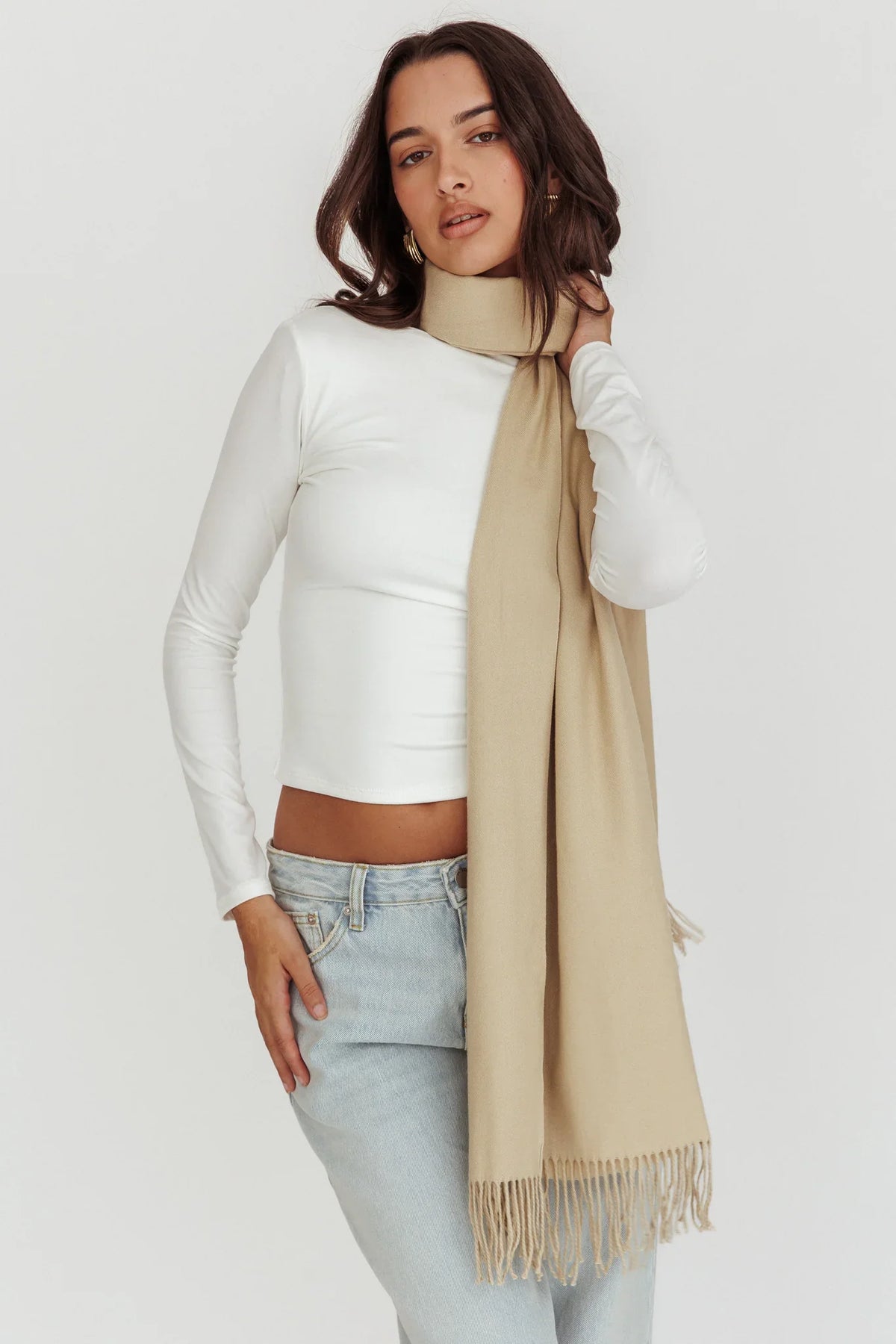 Diona Cashmere and Wool Fringed Scarf Beige