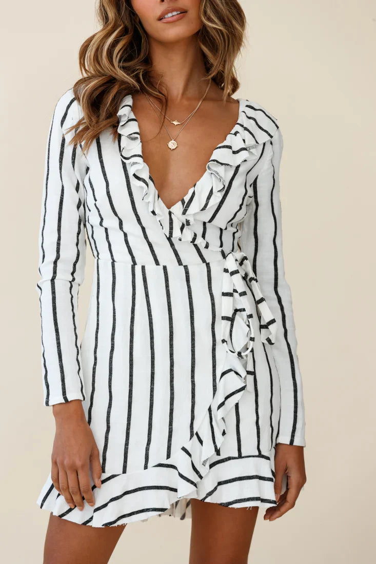 Beatrice Faux Wrap Ruffle Trim Raw Edge Dress White/Black Stripe
