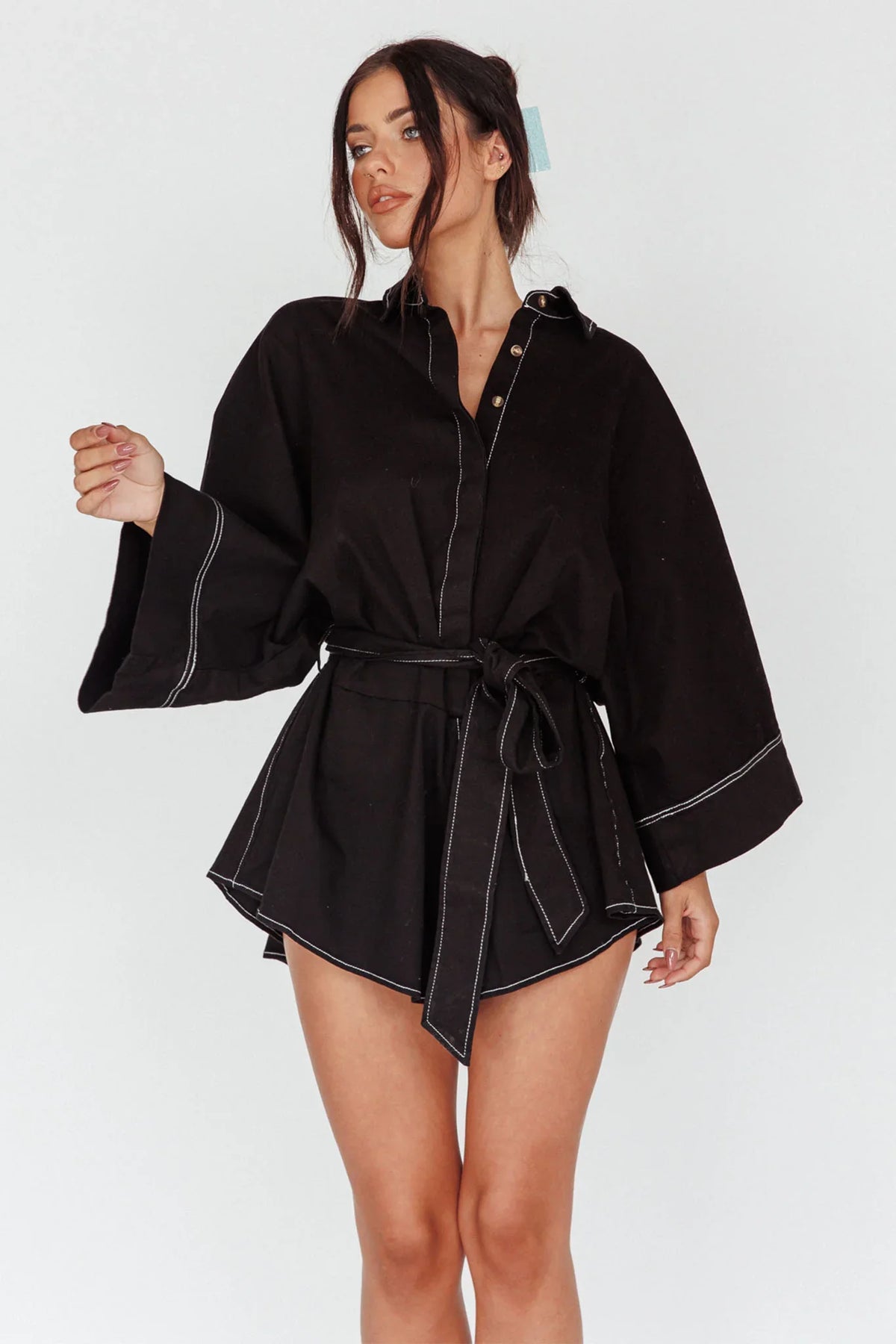 Daytona Beach Long Sleeve Shirt Romper Black