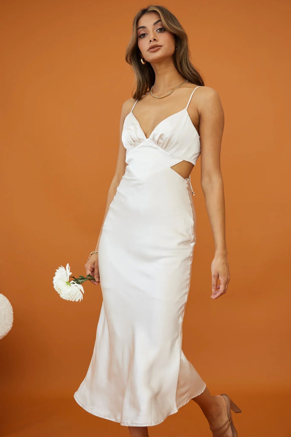 City Lights Cut-Out Waist Strappy Back Midi Dress Champagne