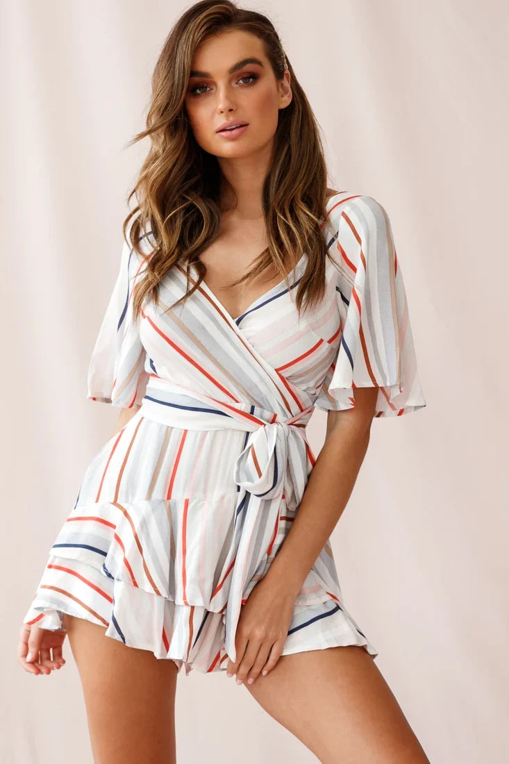 Davina Angel Sleeve Cut-Out Back Romper Multi Stripe Print