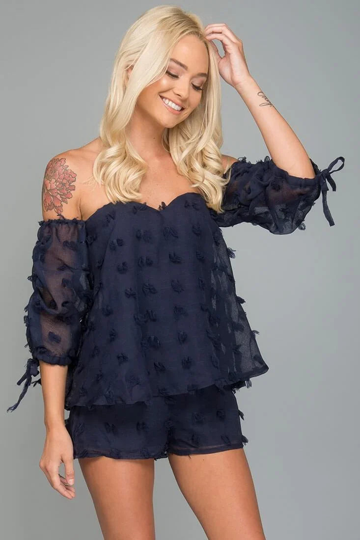 Stefani Heart Shaped Off the Shoulder Romper Navy