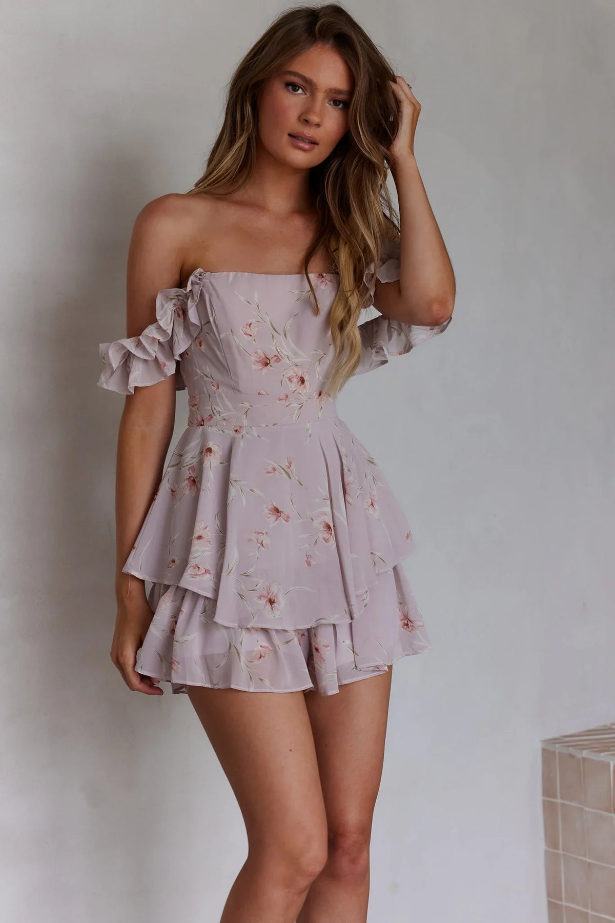 Verona Off-Shoulder Romper Floral Print Pink