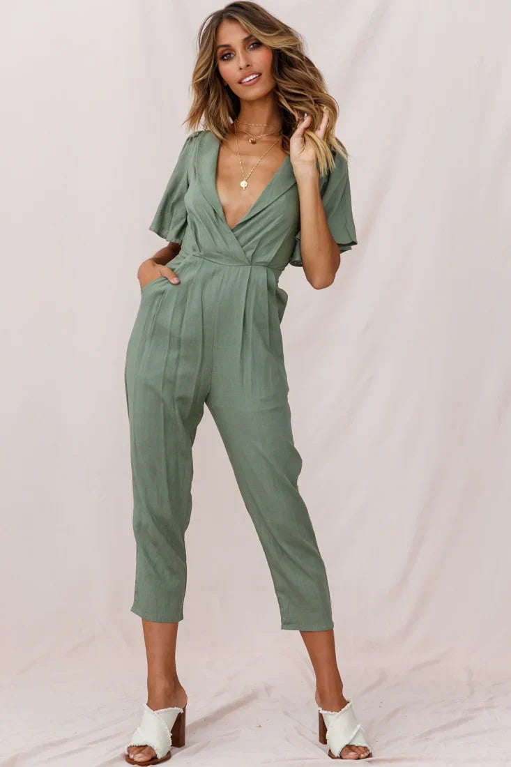 Dana Straight Leg Collared Neck Jumpsuit Olive
