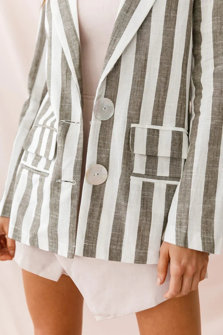 Hamptons Striped Notched Lapel Jacket Olive