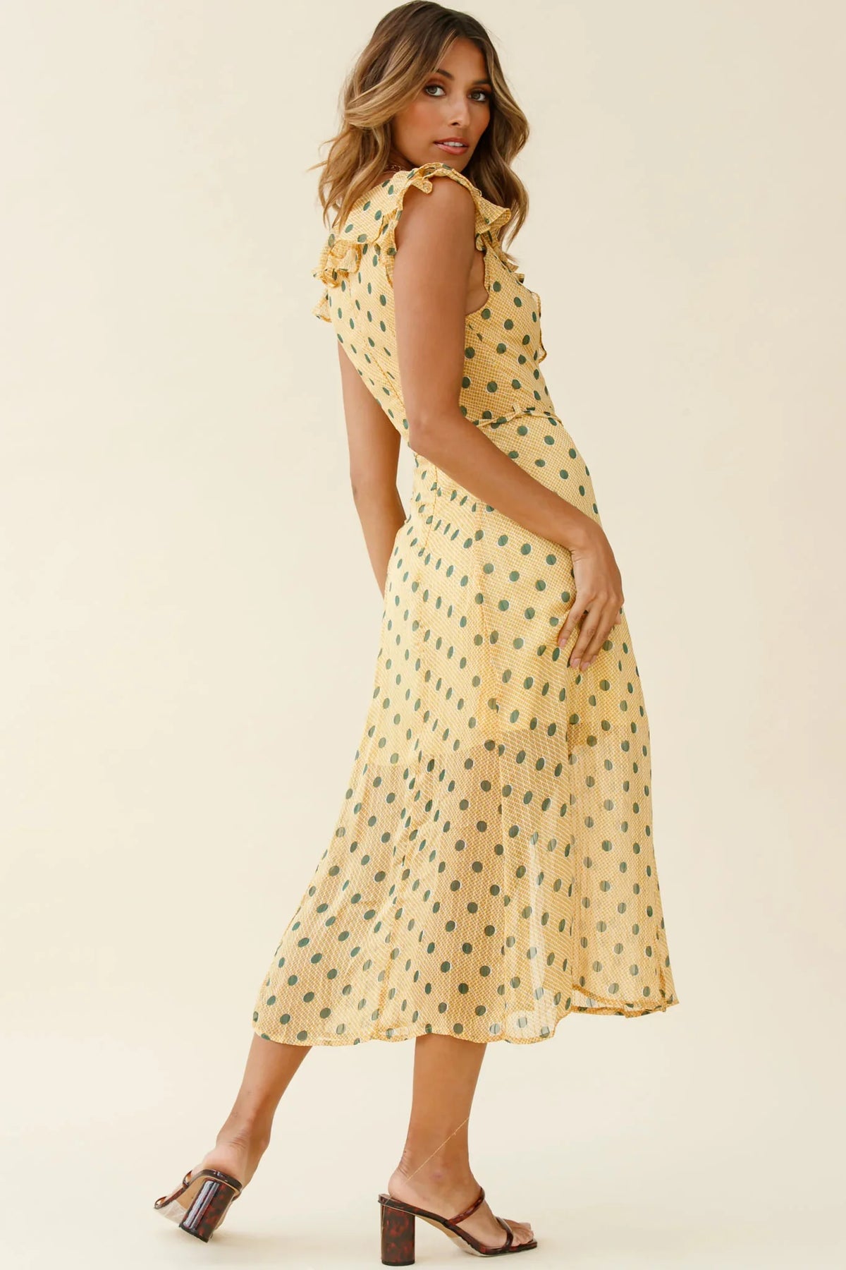 Karina Frill Neckline Midi Dress Polka Dot Print Mustard