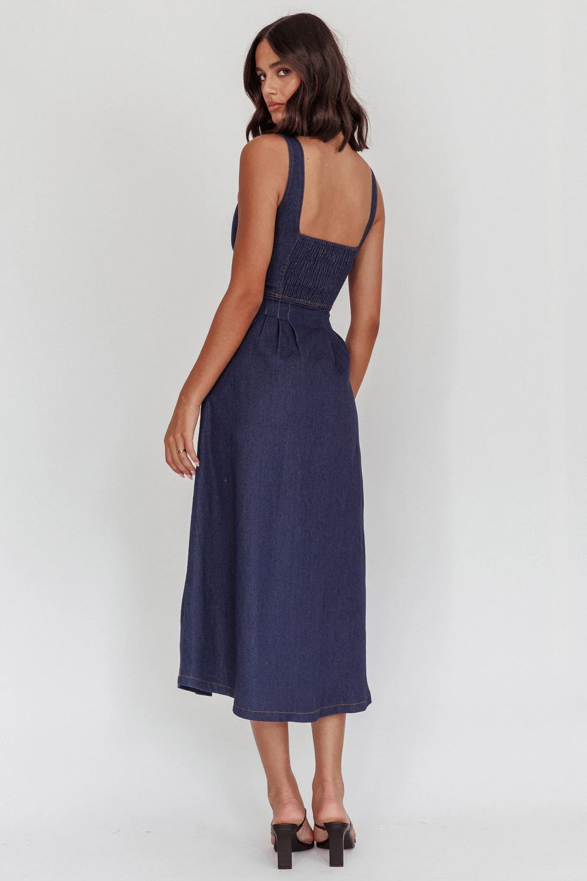 Pixie Dust Button Front Midi Dress Dark Denim