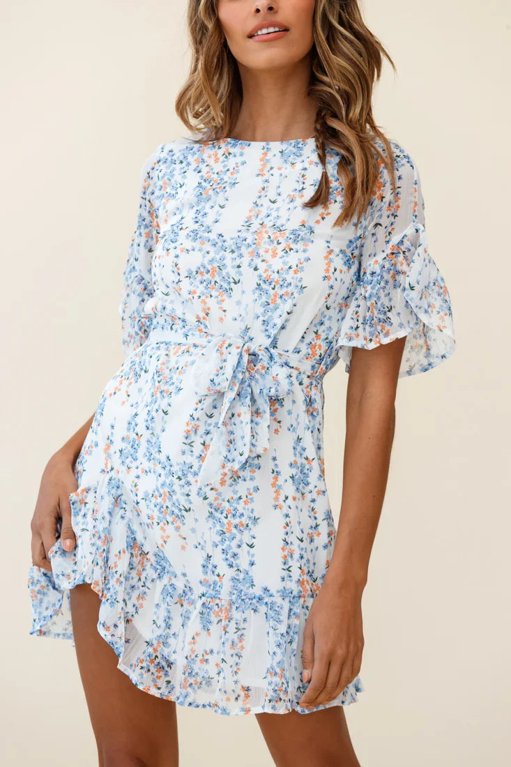 Azealia Ruffle Hem Dress Floral Spring Print White