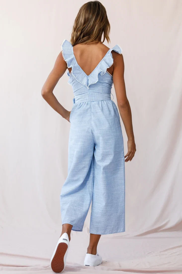 Danube Belted Waist Pinstripe Jumpsuit Blue