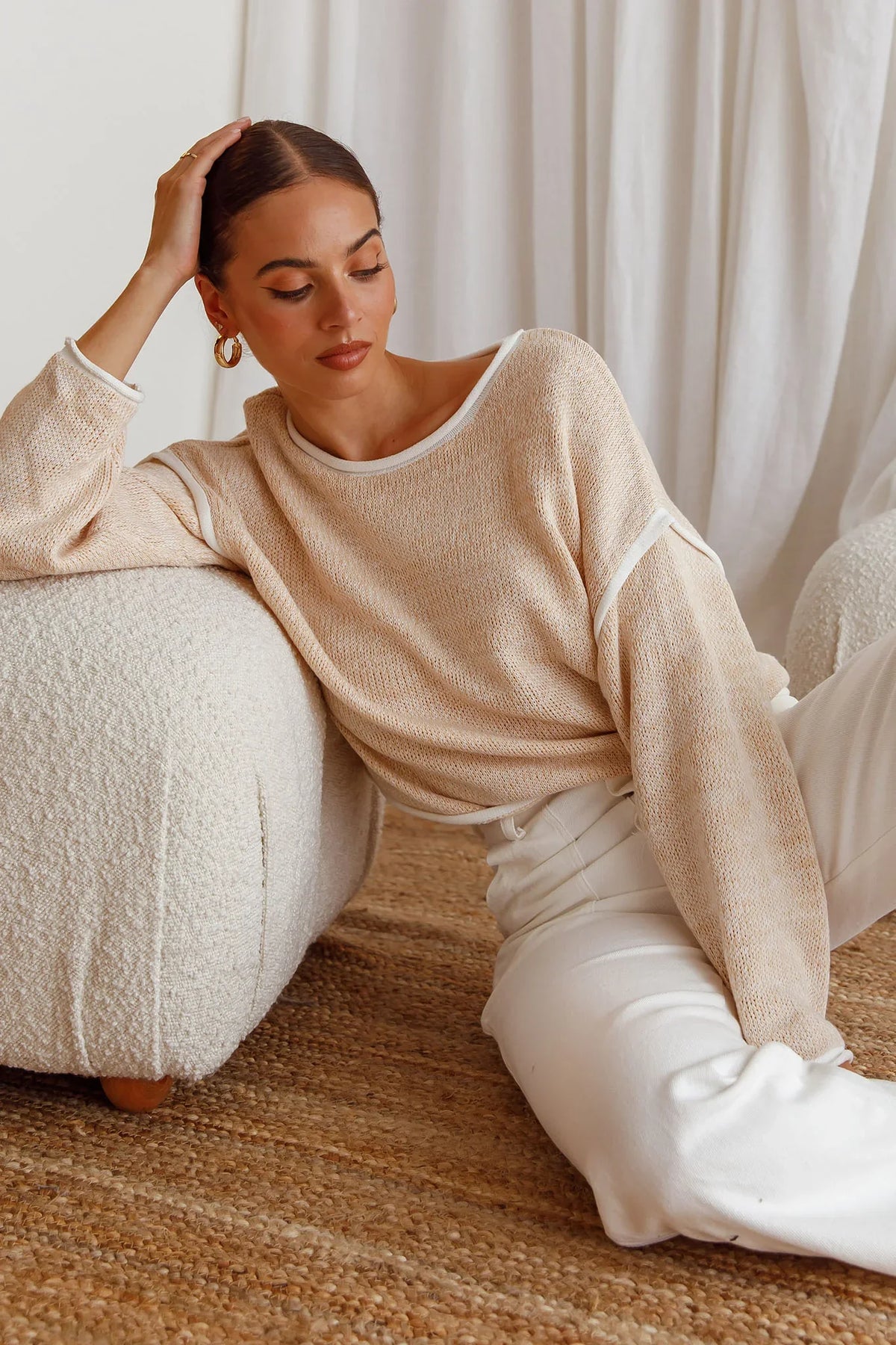 Sitting Pretty Drop Sleeve White Trim Knit Sweater Stone