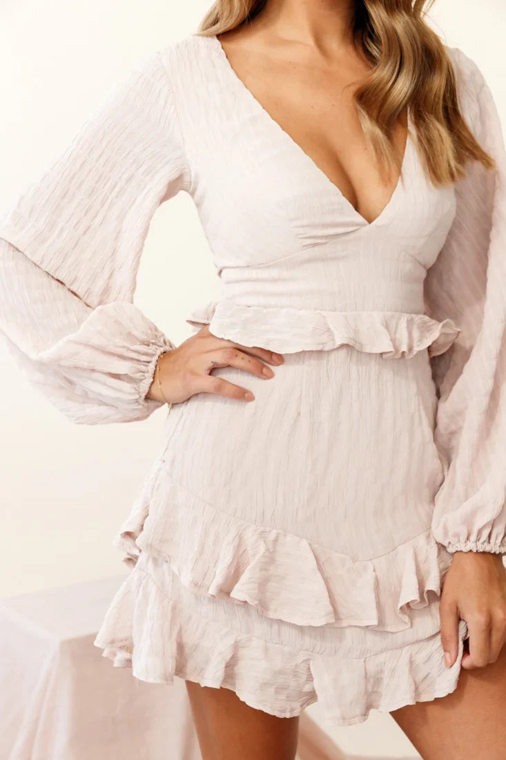 Queenie Long Balloon Sleeve Ruffle Trim Dress Beige