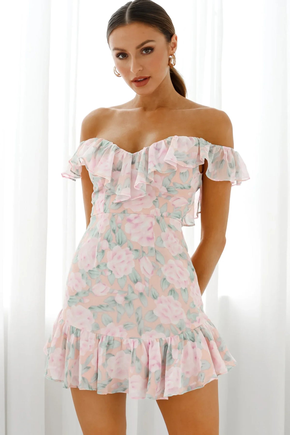 Sweet Melody Sweetheart Neckline Off-Shoulder Dress Floral Print Nude/Pink