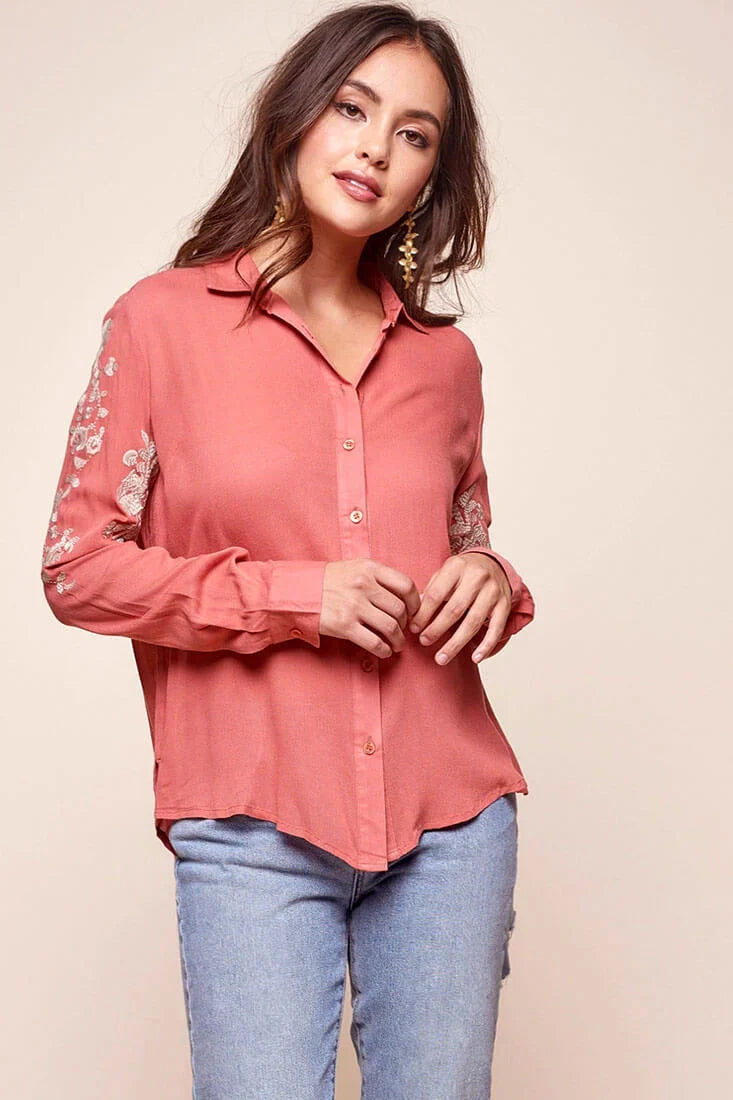 Issa Floral Sleeved Button Up Top Rust