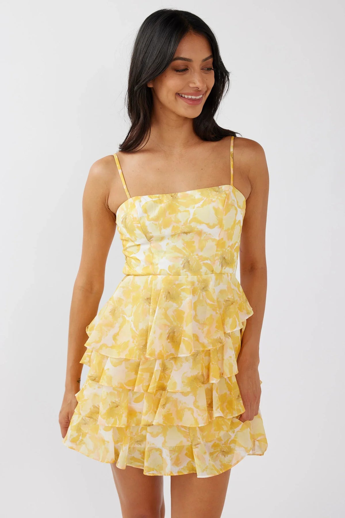 Lauran Tied Back Frill Dress Floral Yellow
