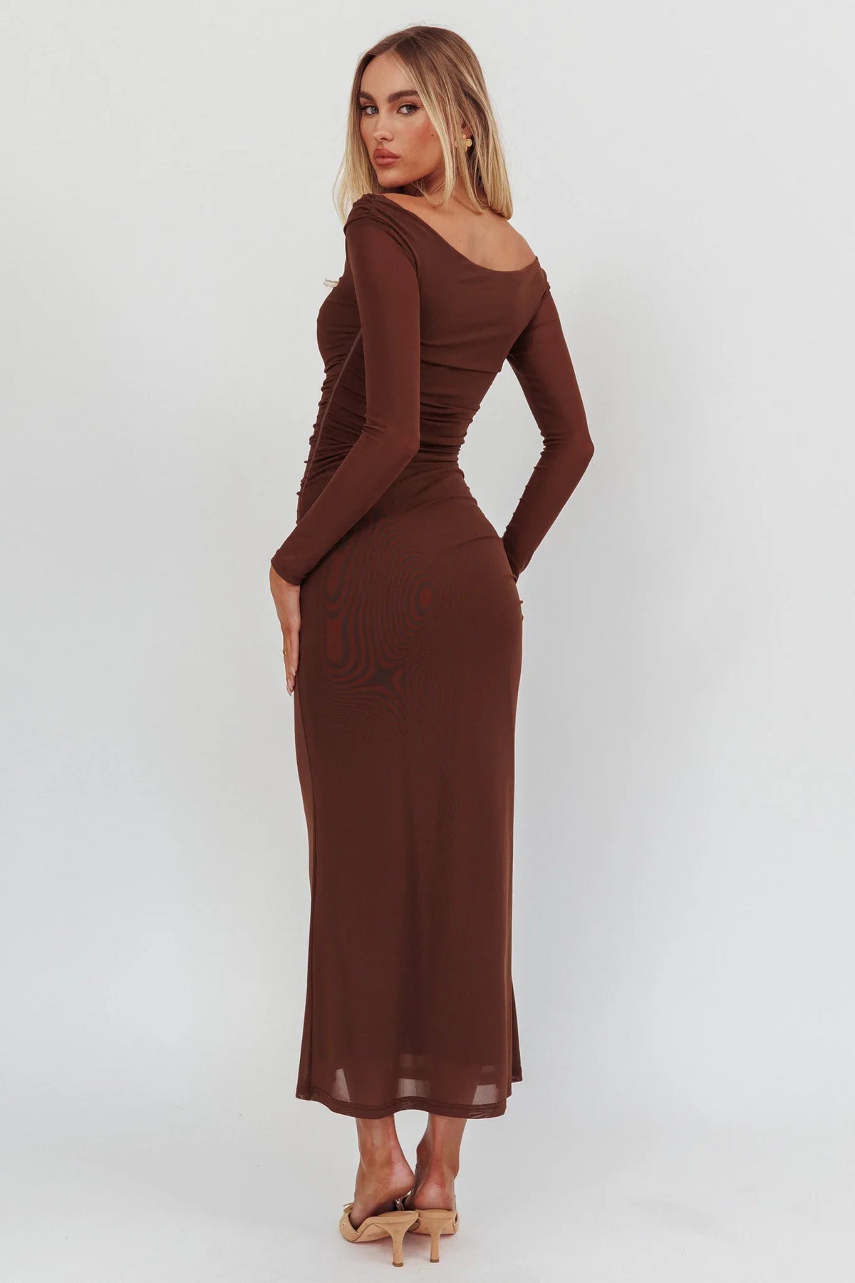 In Blooms Off Shoulder Mesh Maxi Dress Chocolate