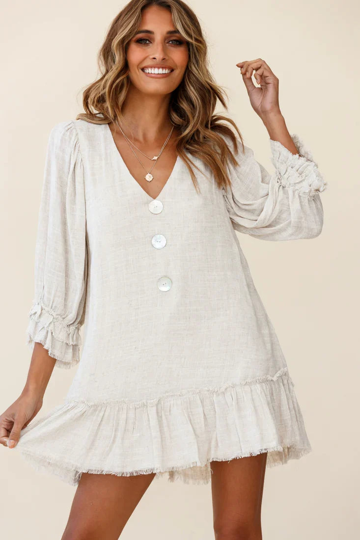 Amala Balloon Sleeve Button Detail Linen Dress Natural