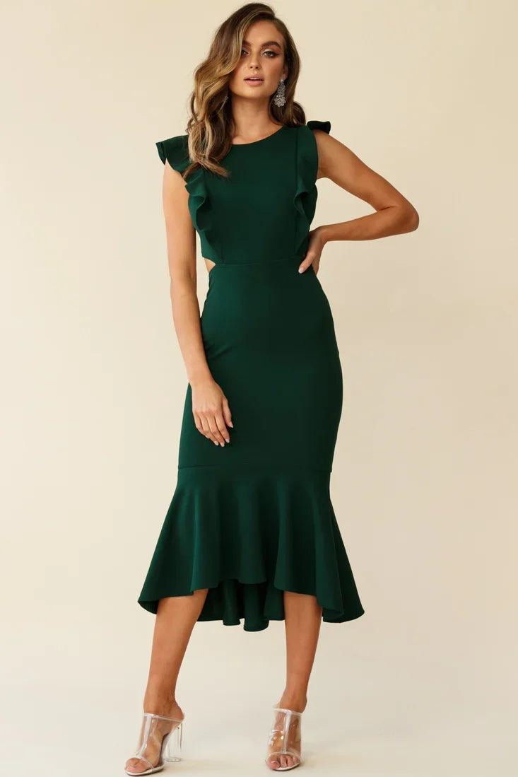 Jackie Wide Ruffle Hem Pinafore Midi Dress Forest Green