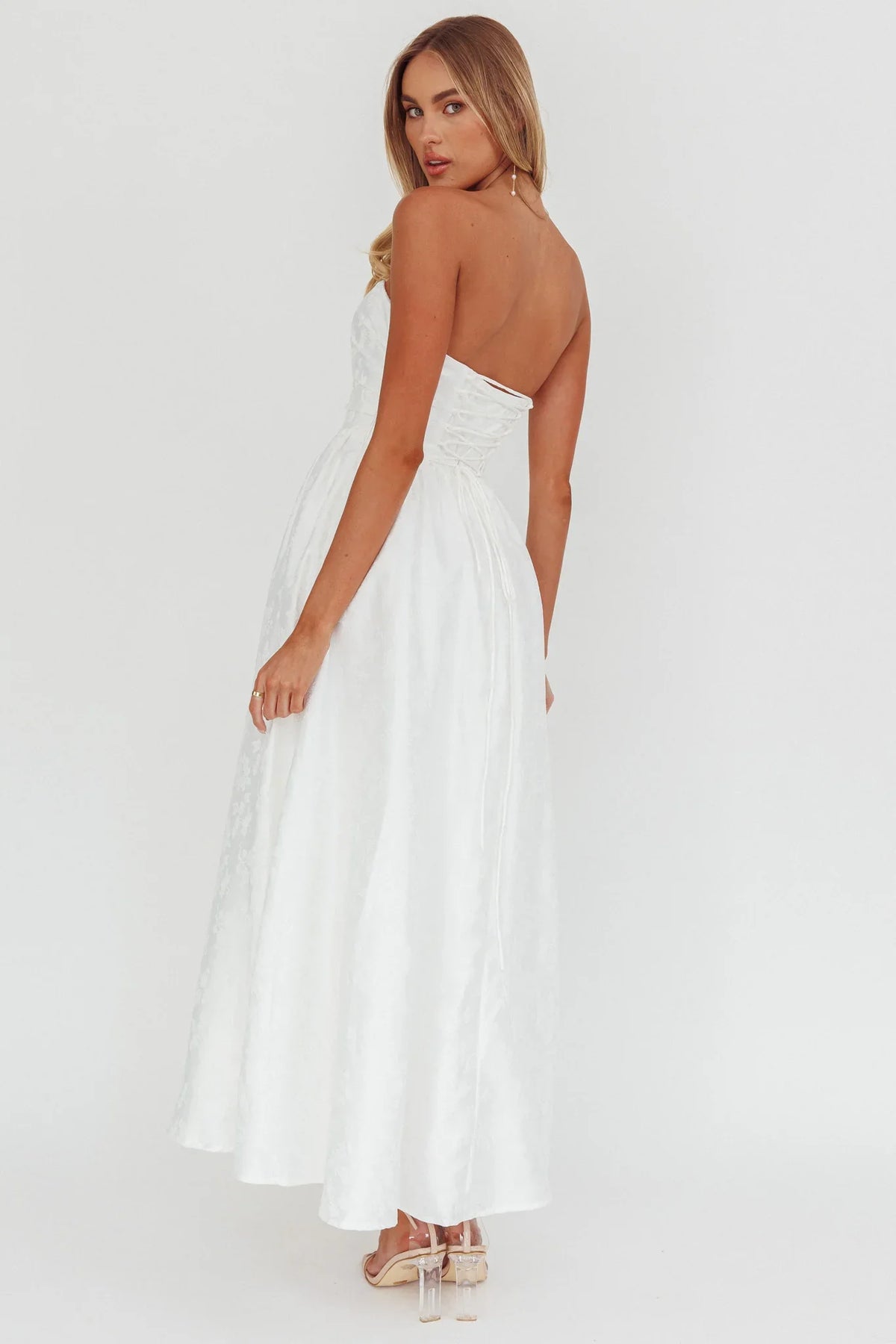 Anushka Strapless Empire Maxi Dress Jacquard White
