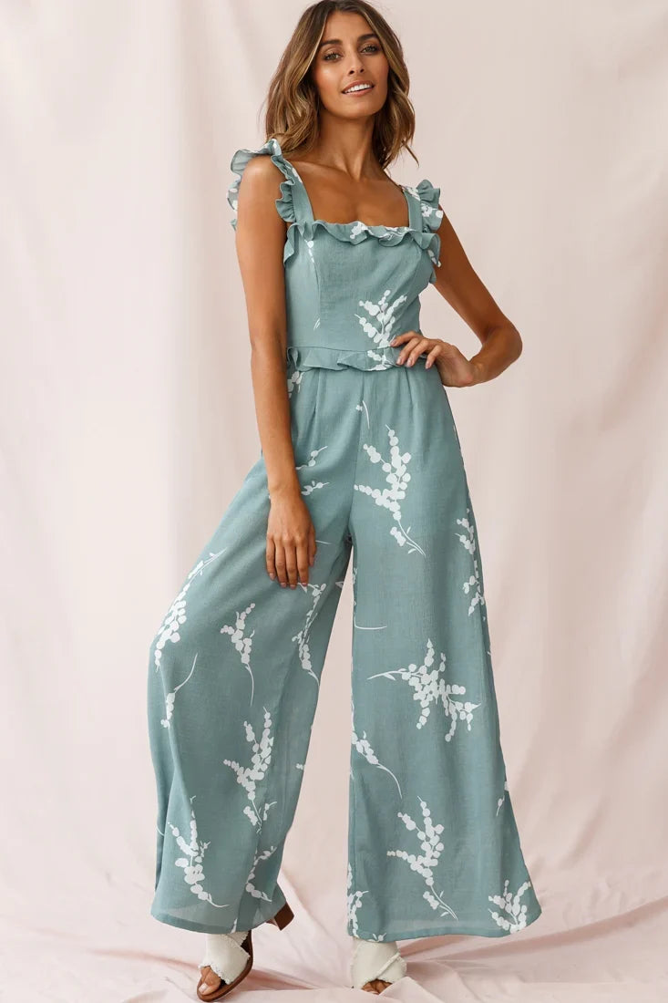Azure Frill Strap Wide Leg Jumpsuit Sage