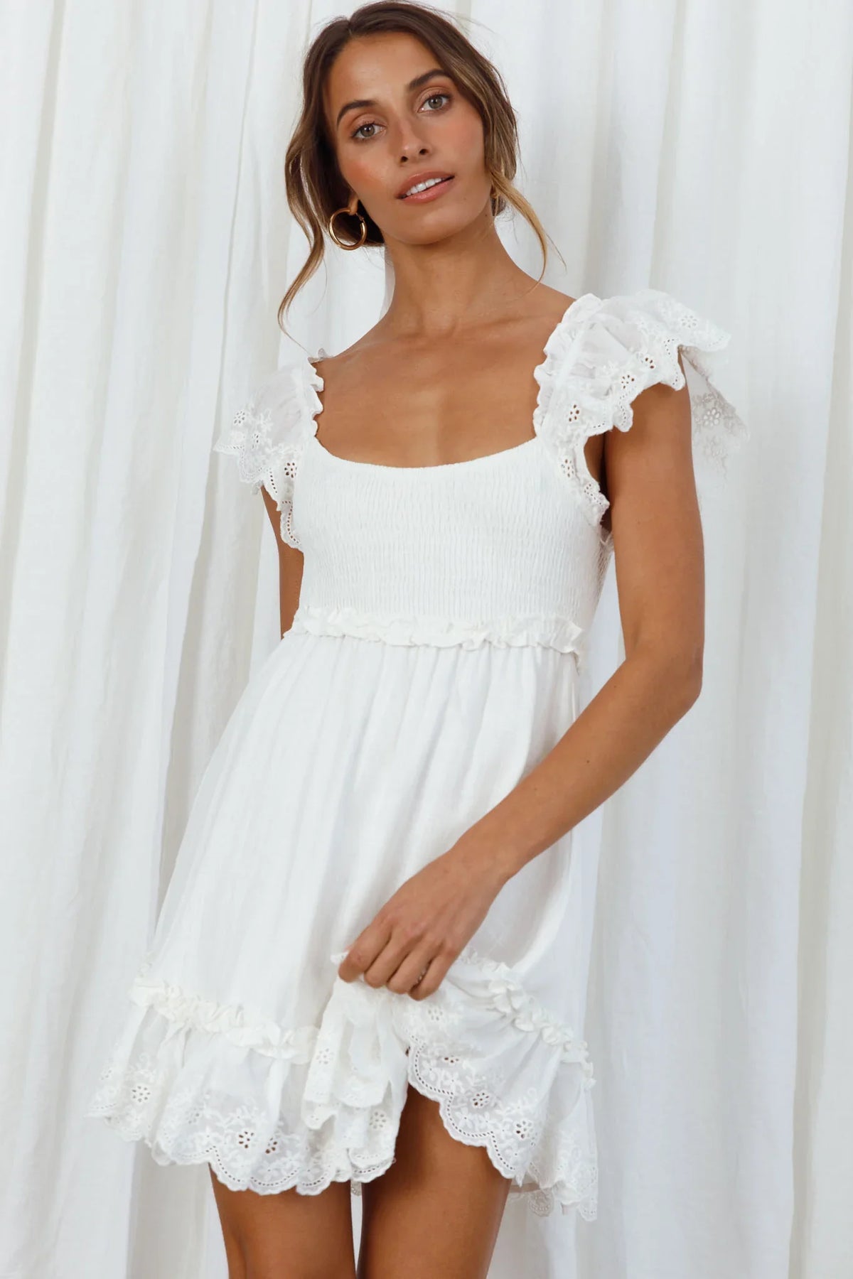 Bay Breeze Frill Shoulder Shirred Bodice Dress White