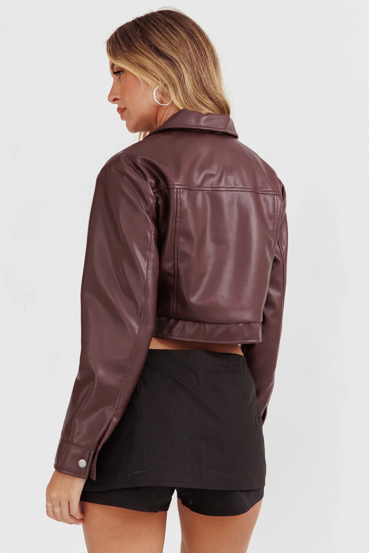 Navigator Snap Button Faux Leather Jacket Brown