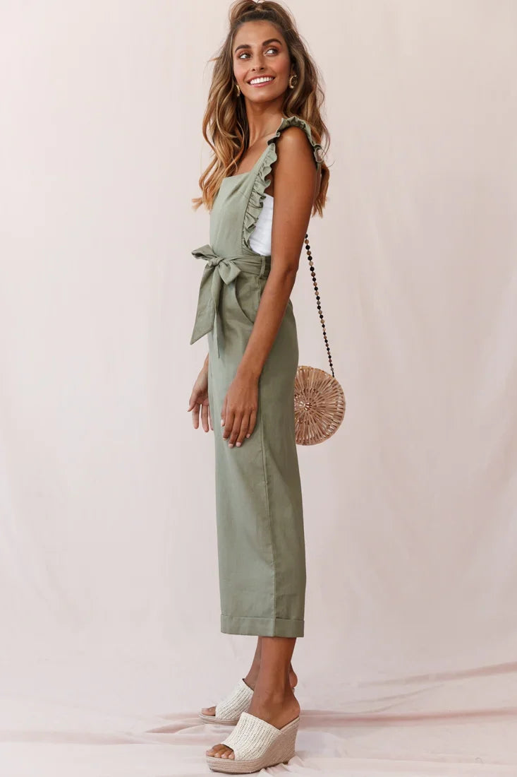 Serenade Ruffle Strap Pinafore Jumpsuit Olive
