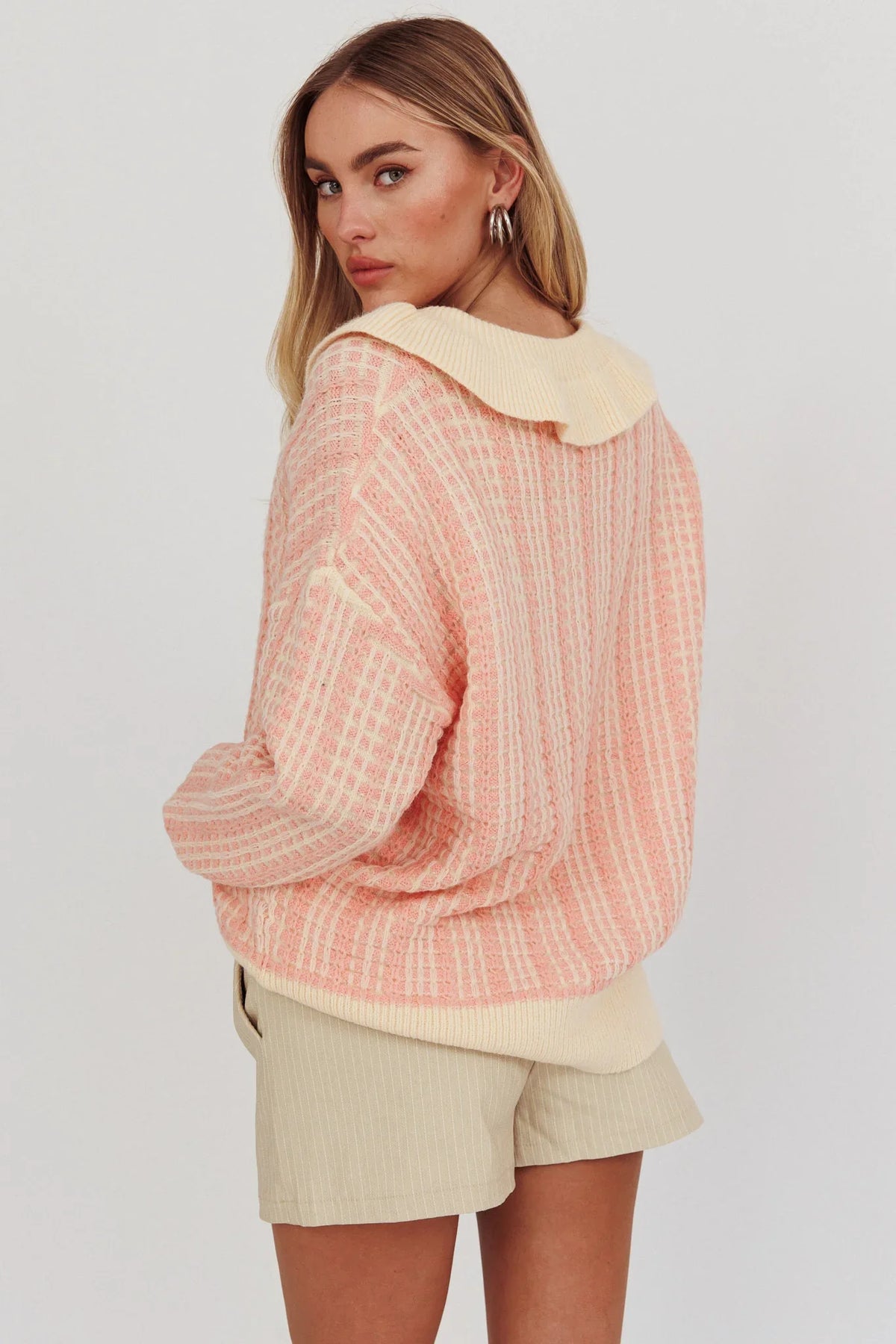 Rewrite Quarter Button Knit Sweater Coral
