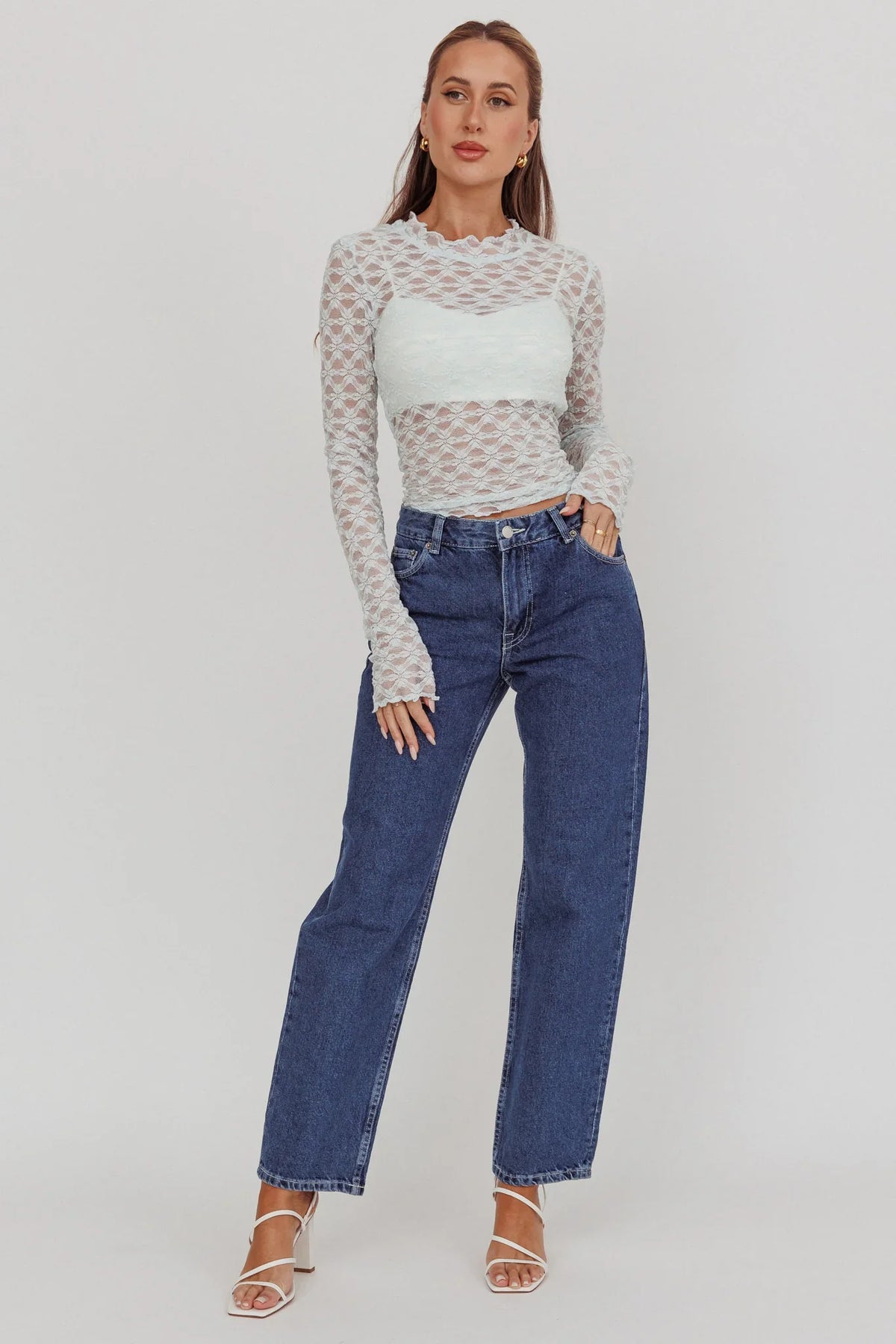 Not Shy Long Sleeve Lace Top Alice Blue
