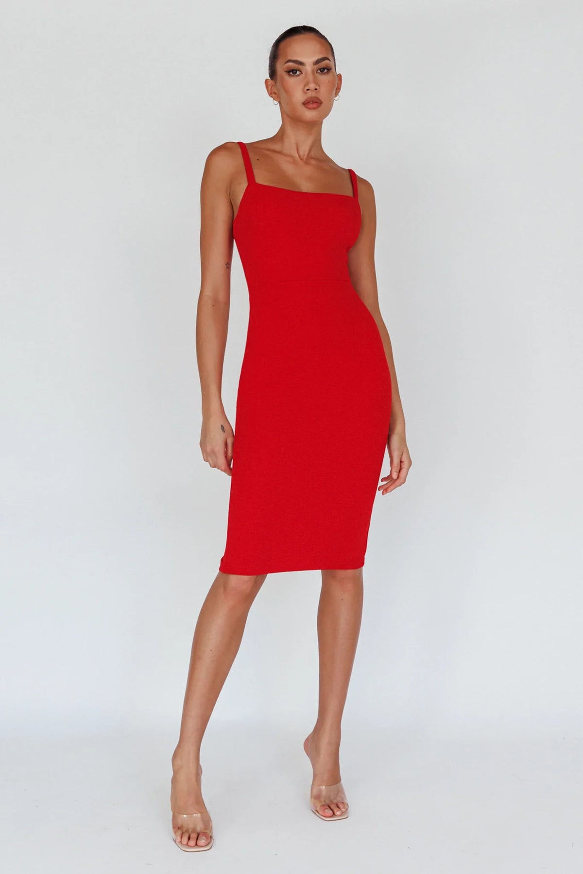 Georgia Square Neckline Midi Dress Red