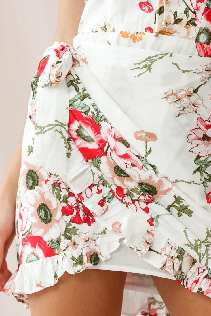 Natalie Sweetheart Neckline Wrap Dress Floral Print White