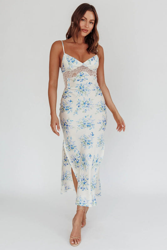 Seraphim Floral Lace Maxi Dress Blue Cream