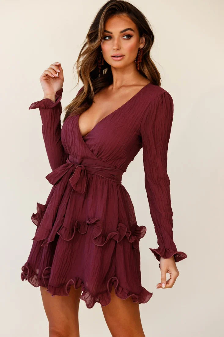 Greta Tiered Ruffle Chiffon Dress Wine