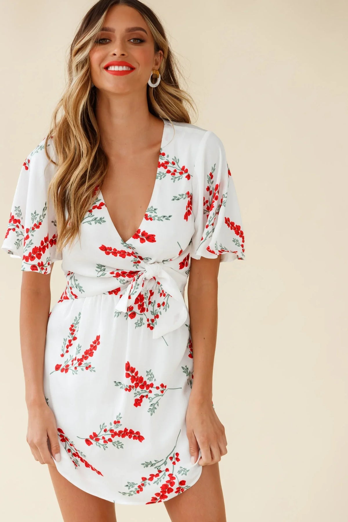 Stealing Hearts Flutter Sleeve Wrap Front Dress Floral Print White