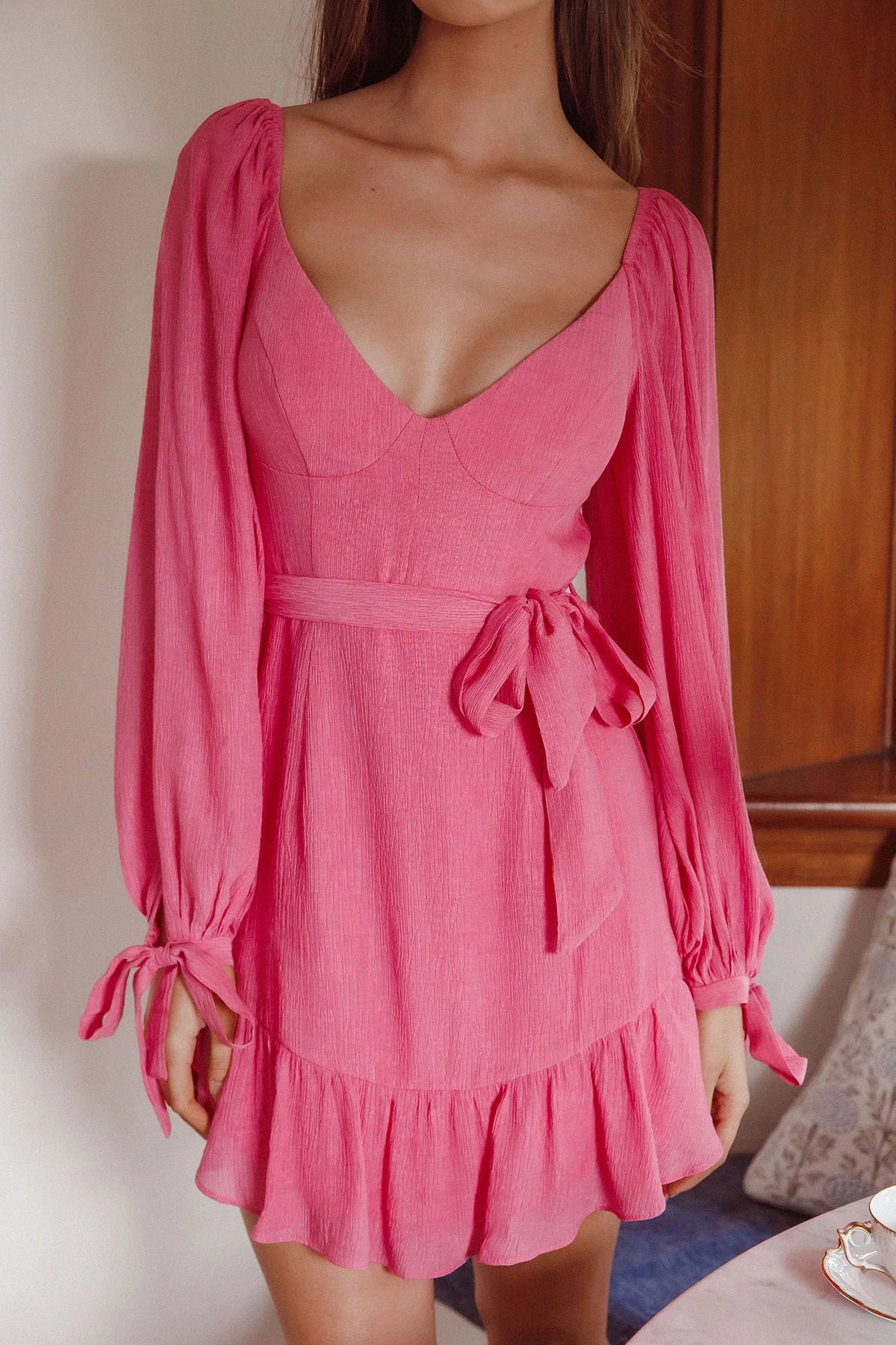 Make Memories Balloon Sleeve Molded Bust Dress Hot Pink