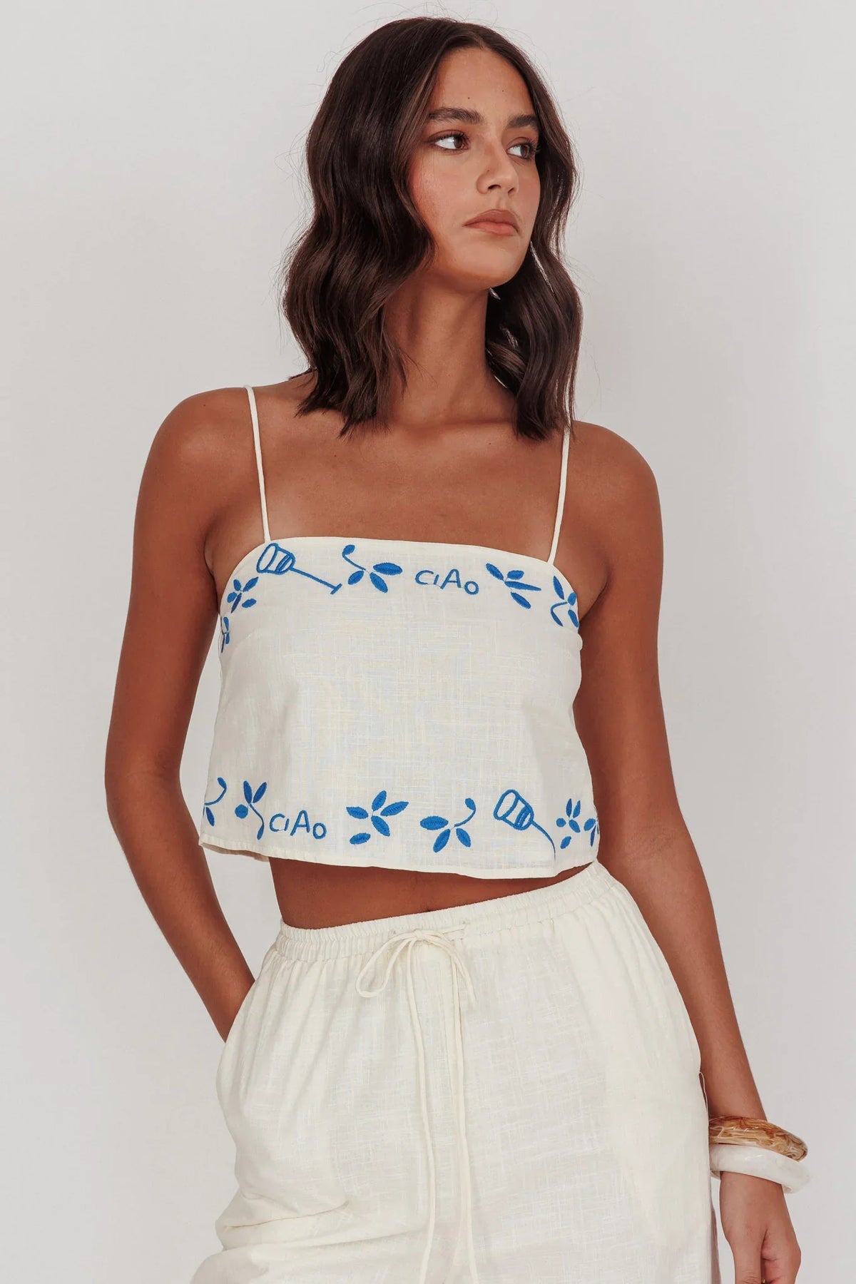 Sorrento Summer Embroidered Crop Top Beige
