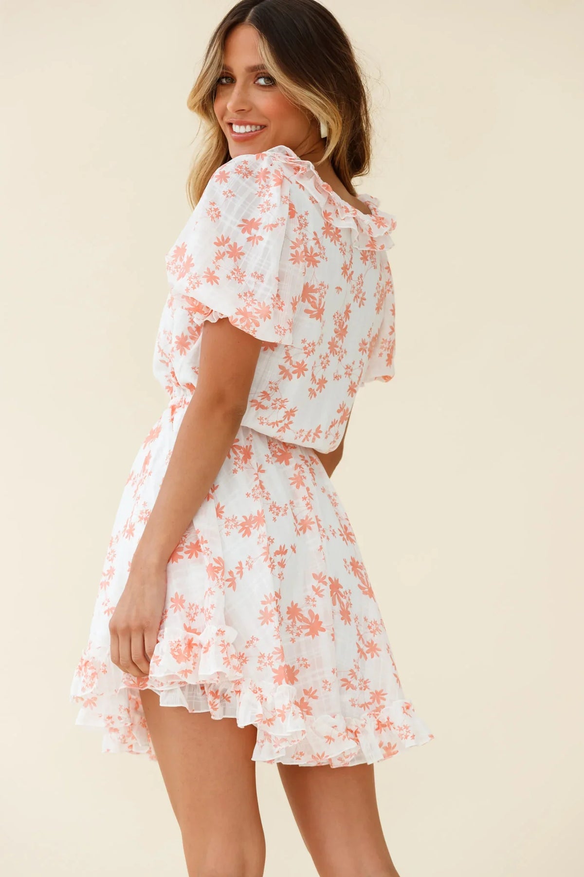 Brianna Puff Sleeve Drawstring Waist Dress Floral Print Pink