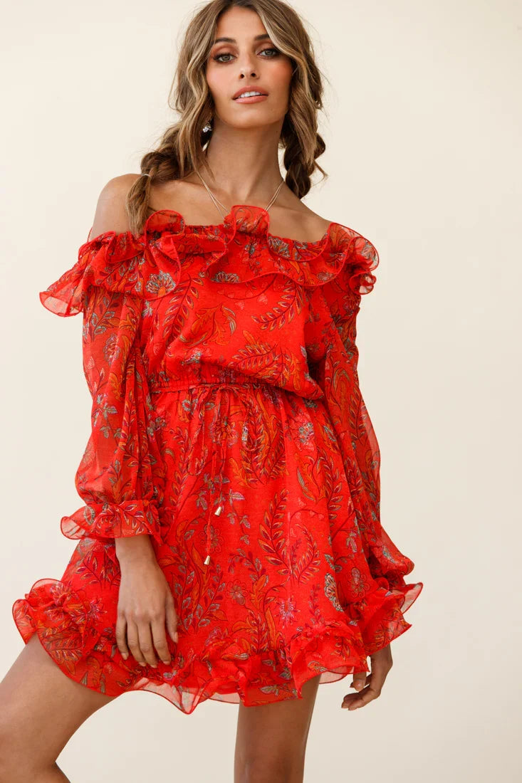 Rhiannon Off-Shoulder Lettuce Frill Dress Floral Print Red