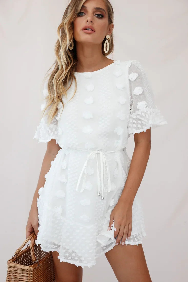Maleny Embellished Fluted Hem Dress White
