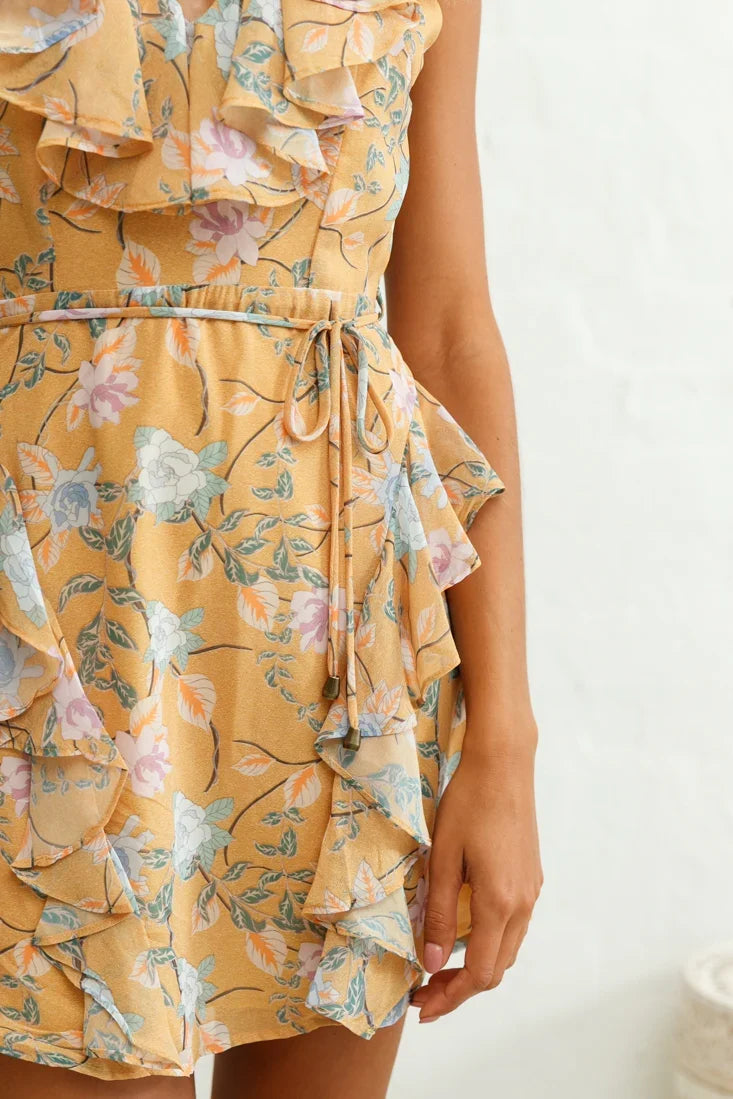 Pretty Please Frill Detail Tie-Back Dress Floral Print Mustard