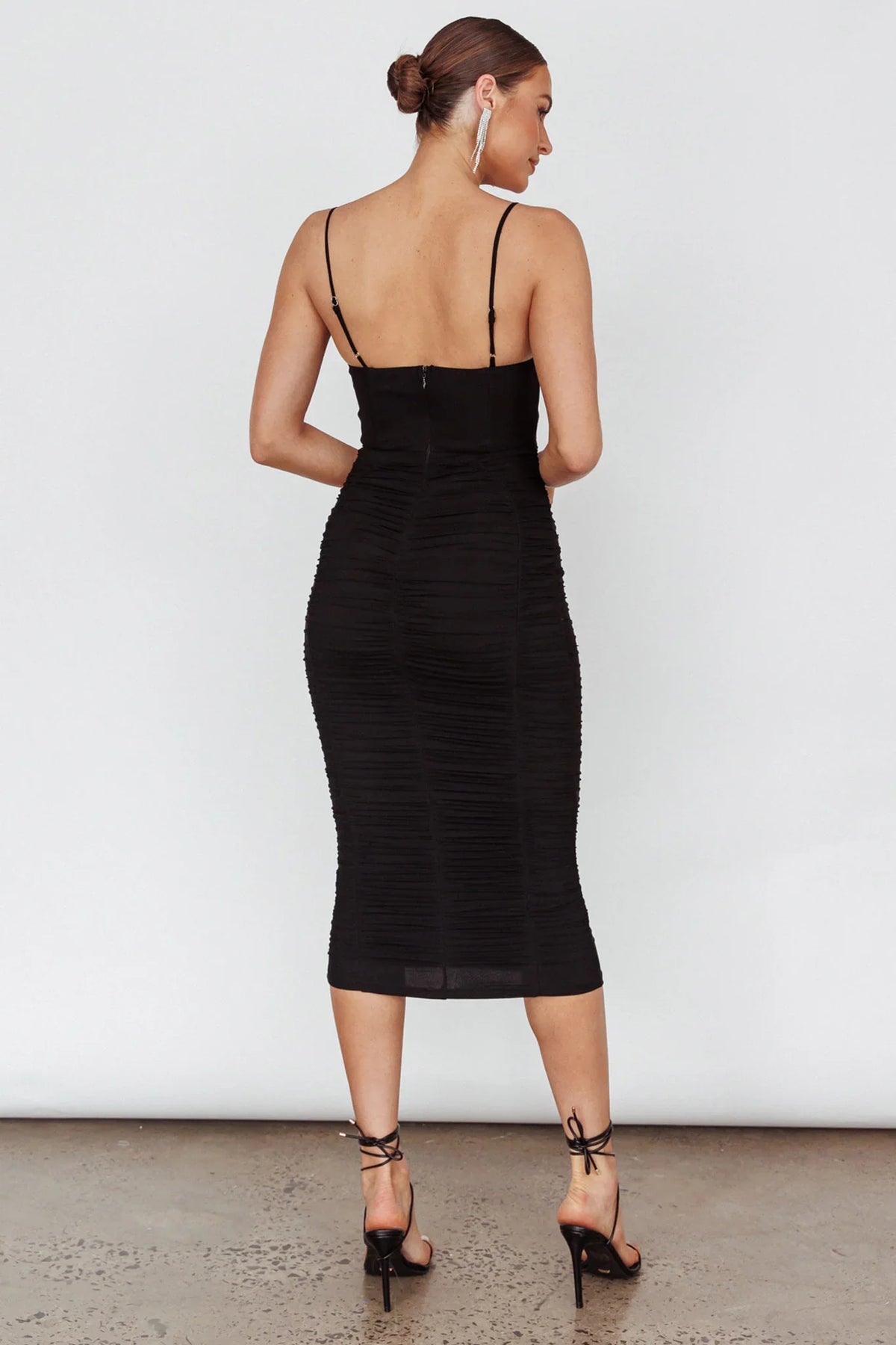 Malibu Sun Ruched Midi Dress Barbie Black