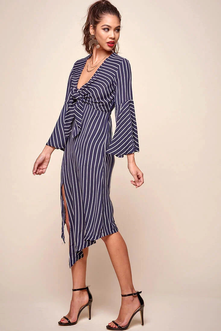 Jaedyn Waist Tie Bell Sleeve Dress Navy