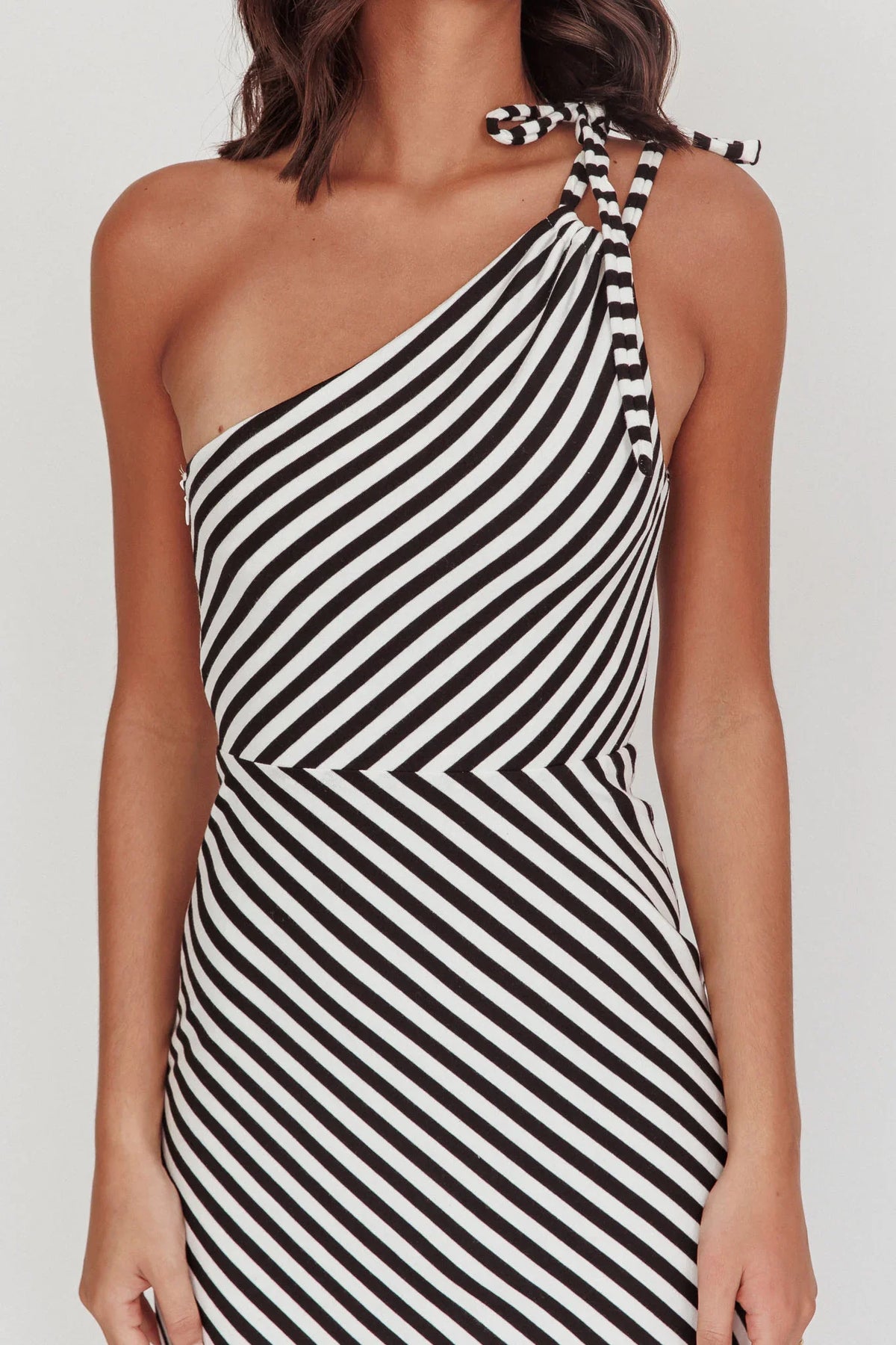 Ocean Road Tied One-Shoulder Maxi Dress Stripe Black