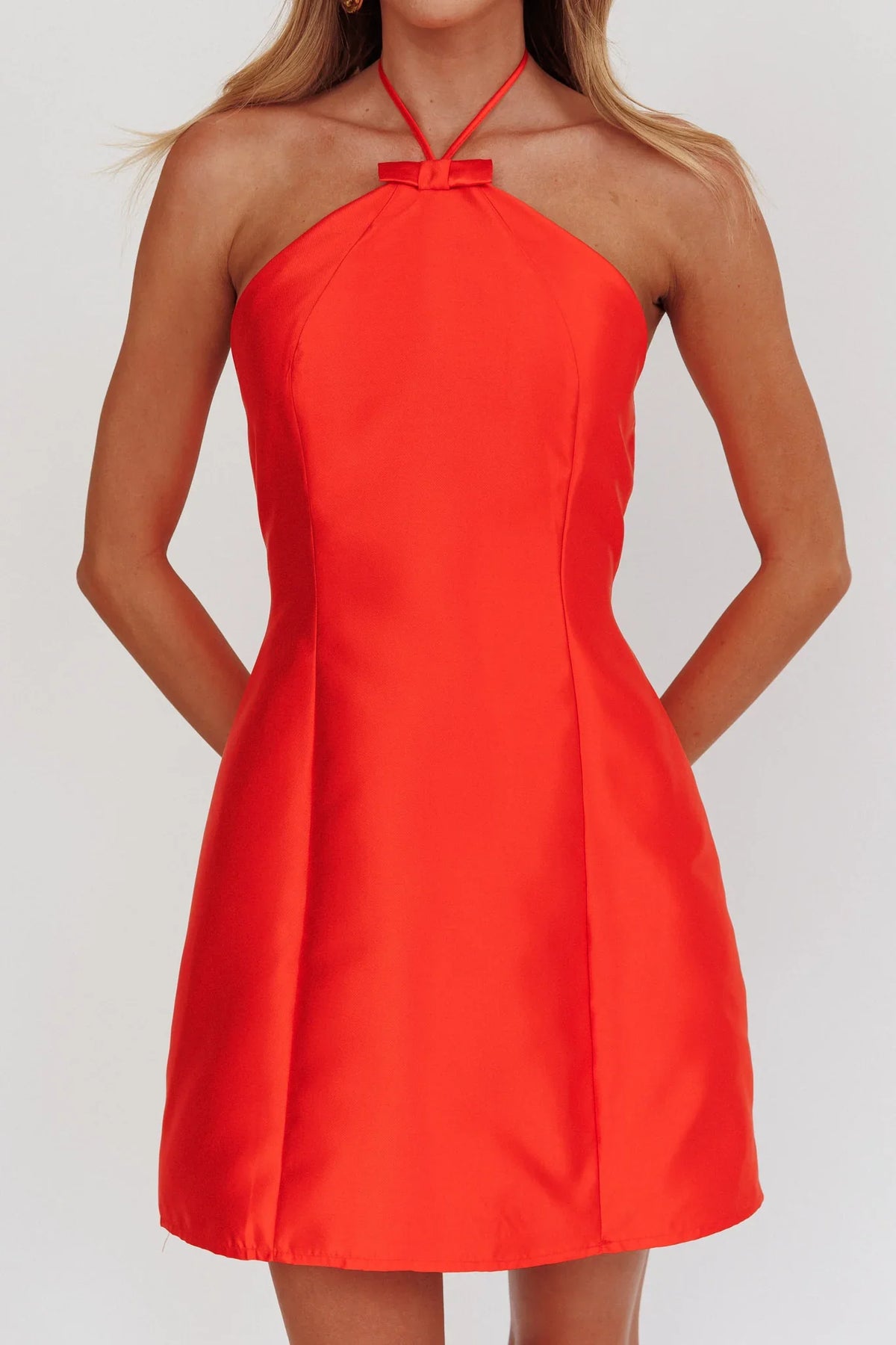 Falon Halter Bow Neck Mini Dress Red
