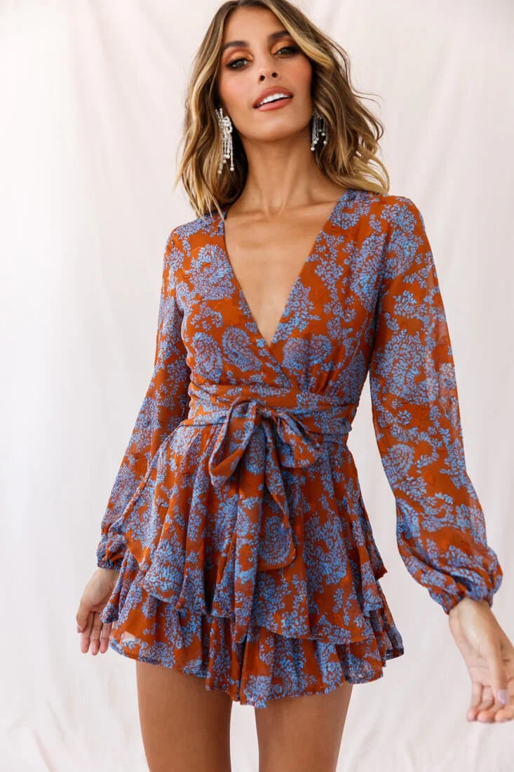 Maddox Fit & Flare Long Sleeve Floral Romper Tan