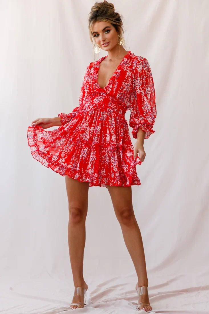 Laney Cutout Back Ruffle Detail Floral Dress Red