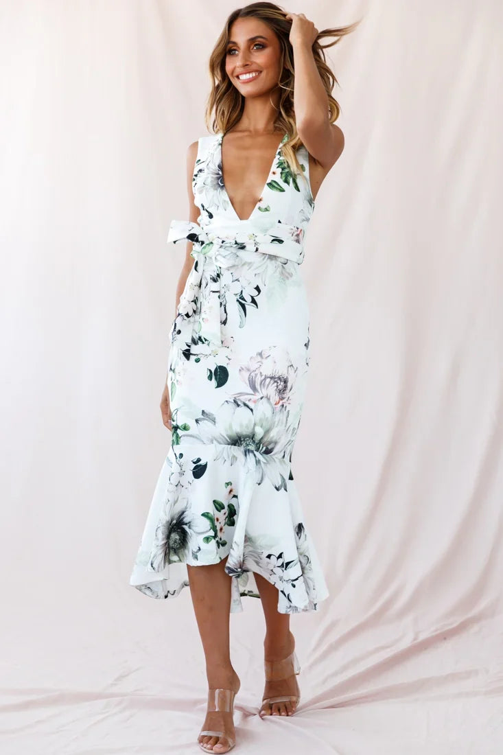 Sorry Not Sorry Wide Strap Flounce Floral Dress White