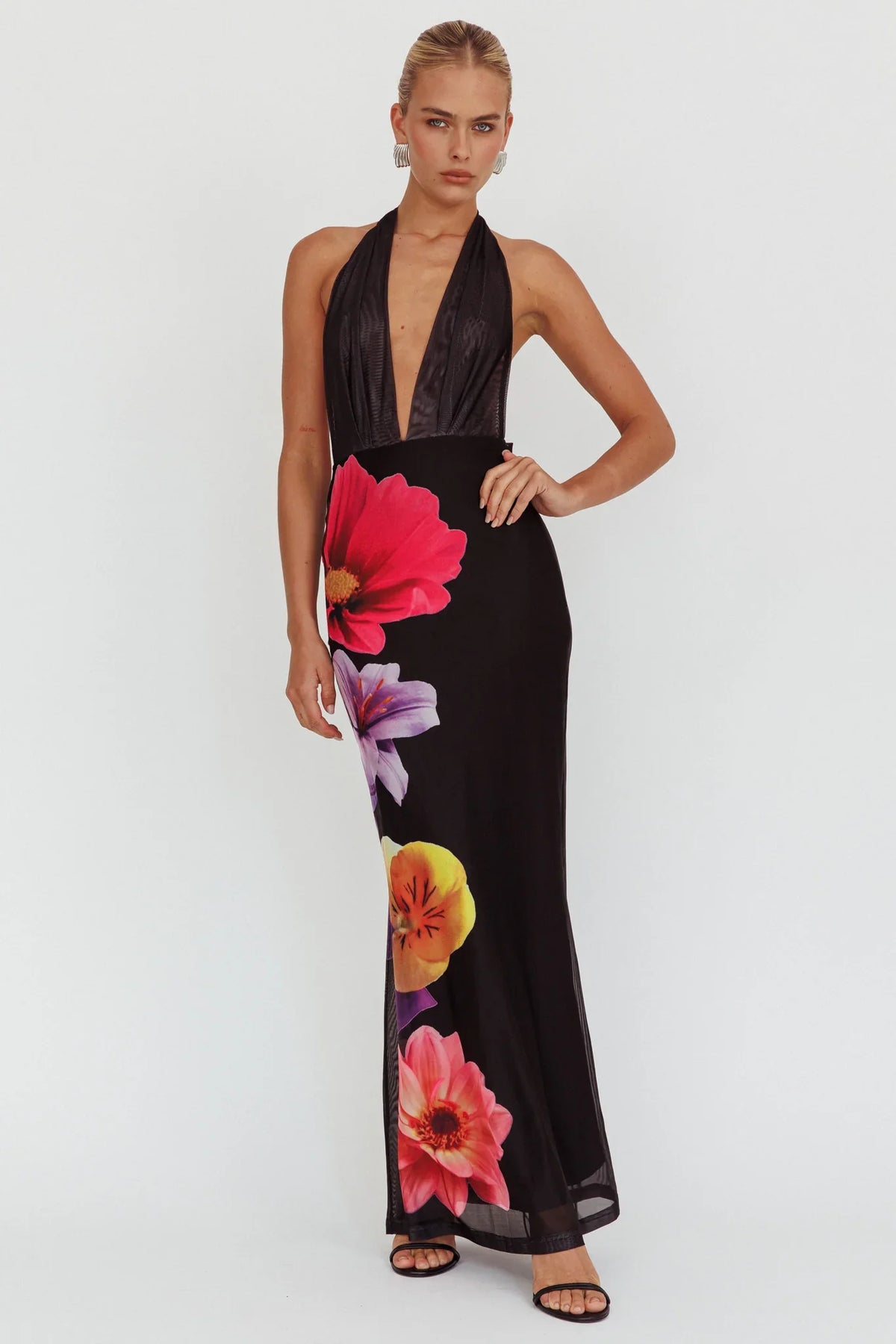Italia Azure Halterneck Maxi Dress Flowers Black