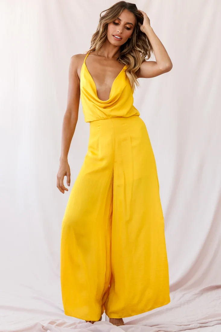 Jaclyn Wide-Leg Cowl Neck Jumpsuit Mustard
